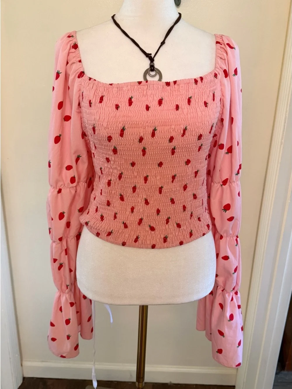 Pink Strawberry Smocked Square-Neck Crop Top plus size by SHEIN - Picture 7 of 13